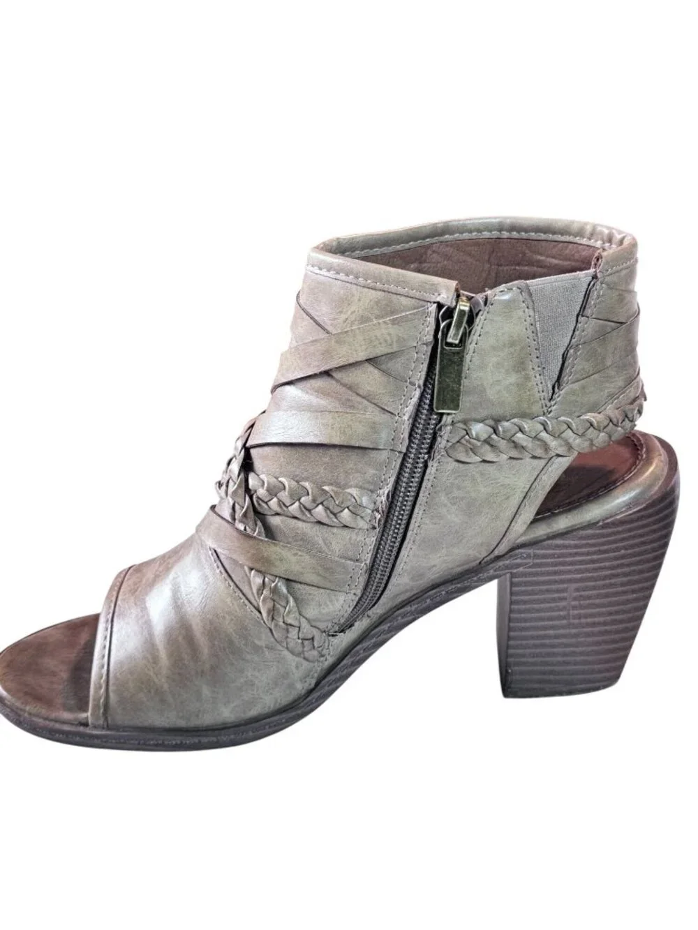 93 Vintage Bradyn Peep Toe Ankle Boots Size 9M Tan Faux Leather Strappy Heel